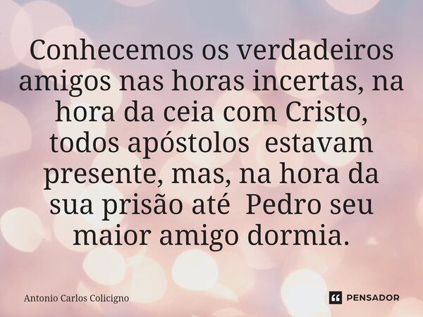 ⁠Conhecemos os verdadeiros amigos nas horas incertas, na hora da ceia com Cristo, todos apóstolos estavam presente, mas, na hora da sua prisão até Pedro seu mai... Frase de Antonio Carlos Colicigno.