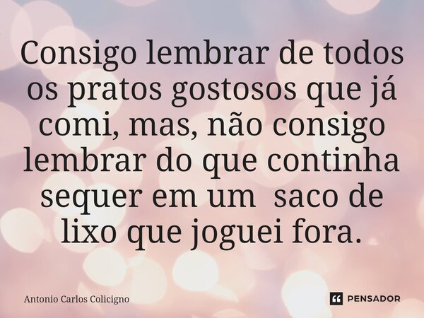 Consigo lembrar de todos os pratos gostosos que já comi, mas, não consigo lembrar do que continha sequer em um saco de lixo que joguei fora.⁠... Frase de Antonio Carlos Colicigno.