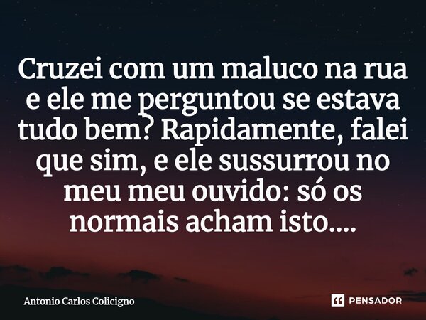 ⁠Cruzei com um maluco na rua e ele me perguntou se estava tudo bem? Rapidamente, falei que sim, e ele sussurrou no meu meu ouvido: só os normais acham isto....... Frase de Antonio Carlos Colicigno.