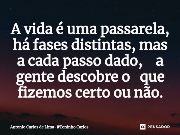 ⁠A vida é uma passarela, há fases distintas, mas a cada passo dado, a gente descobre o que fizemos certo ou não.... Frase de Antonio Carlos de Lima-Toninho Carlos.