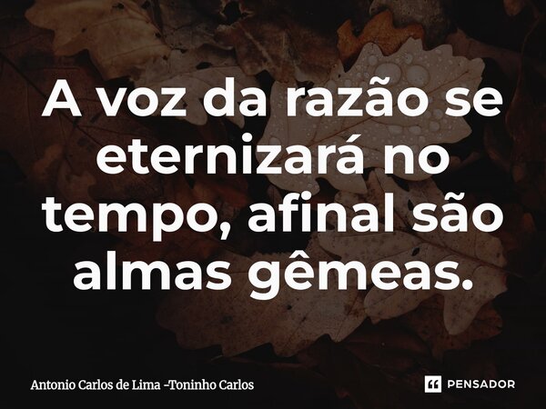 ⁠A voz da razão se eternizará no tempo, afinal são almas gêmeas.... Frase de Antonio Carlos de Lima -Toninho Carlos.