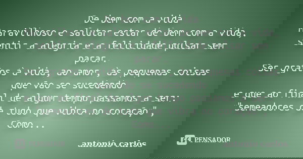 De bem com a vida Maravilhoso e salutar estar de bem com a vida, sentir a alegria e a felicidade pulsar sem parar. Ser gratos à vida, ao amor, às pequenas coisa... Frase de Antonio Carlos.