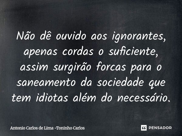Não dê ouvido aos ignorantes, apenas cordas o suficiente, assim surgirão forcas para o saneamento da sociedade que tem idiotas além do necessário.⁠... Frase de Antonio Carlos de Lima -Toninho Carlos.