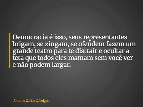 Democracia é isso, seus representantes brigam, se xingam, se ofendem fazem um grande teatro para te distrair e ocultar a teta que todos eles mamam sem você ver ... Frase de Antonio Carlos Colicigno.