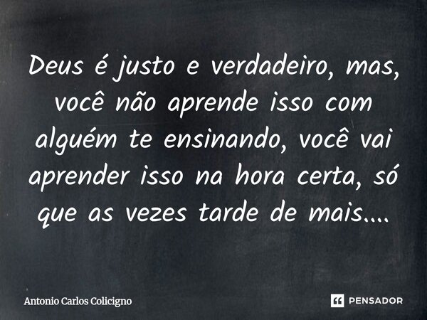 Deus é justo e verdadeiro, mas, você não aprende isso com alguém te ensinando, você vai aprender isso na hora certa, só que as vezes tarde de mais....⁠... Frase de Antonio Carlos Colicigno.