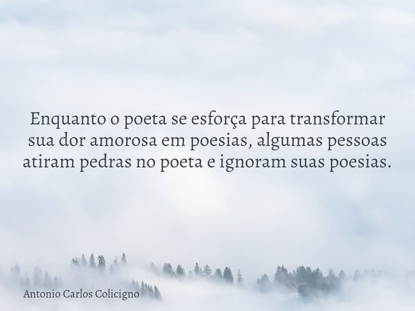 Enquanto o poeta se esforça para transformar sua dor amorosa em poesias, algumas pessoas atiram pedras no poeta e ignoram suas poesias.... Frase de Antonio Carlos Colicigno.