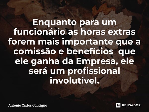 ⁠Enquanto para um funcionário as horas extras forem mais importante que a comissão e benefícios que ele ganha da Empresa, ele será um profissional involutivel.... Frase de Antonio Carlos Colicigno.
