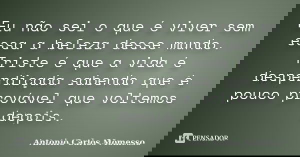 Eu não sei o que é viver sem essa a beleza desse mundo. Triste é que a vida é desperdiçada sabendo que é pouco provável que voltemos depois.... Frase de Antonio Carlos Momesso.