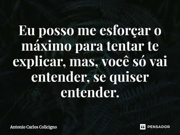 ⁠Eu posso me esforçar o máximo para tentar te explicar, mas, você só vai entender, se quiser entender.... Frase de Antonio Carlos Colicigno.