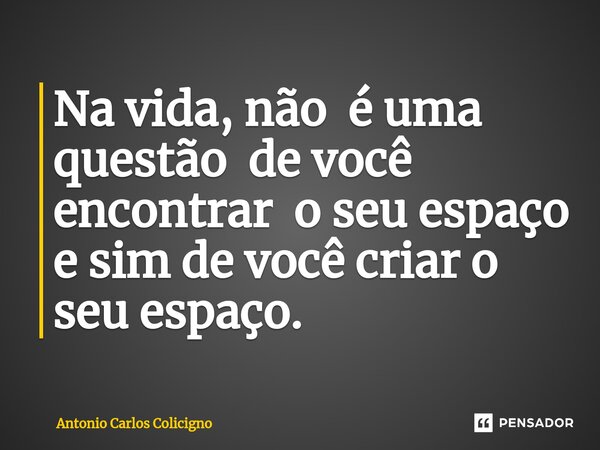 Na vida, não é uma questão de você encontrar o seu espaço e sim de você criar o seu espaço.⁠... Frase de Antonio Carlos Colicigno.