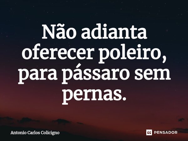 ⁠Não adianta oferecer poleiro, para pássaro sem pernas.... Frase de Antonio Carlos Colicigno.