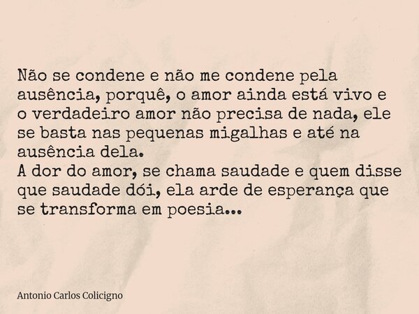 Não se condene e não me condene pela ausência, porquê, o amor ainda está vivo e overdadeiro amor não precisa de nada, ele se basta nas pequenas migalhas e até n... Frase de Antonio Carlos Colicigno.