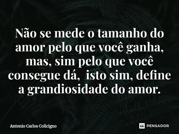 ⁠Não se mede o tamanho do amor pelo que você ganha, mas, sim pelo que você consegue dá, isto sim, define a grandiosidade do amor.... Frase de Antonio Carlos Colicigno.