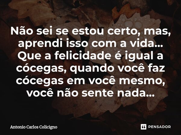 Não sei se estou certo, mas, aprendi isso com a vida... Que a felicidade é igual a cócegas, quando você faz cócegas em você mesmo, você não sente nada...... Frase de Antonio Carlos Colicigno.