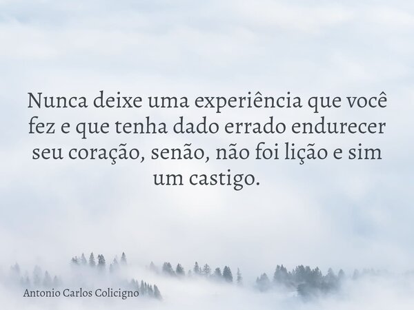 Nunca deixe uma experiência que você fez e que tenha dado errado endurecer seu coração, senão, não foi lição e sim um castigo.... Frase de Antonio Carlos Colicigno.