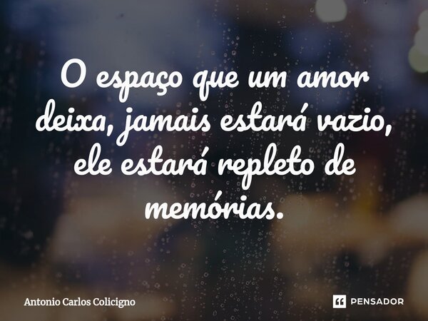 O espaço que um amor deixa, jamais estará vazio, ele estará repleto de memórias.... Frase de Antonio Carlos Colicigno.
