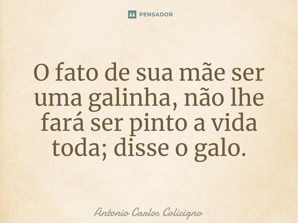 ⁠O fato de sua mãe ser uma galinha, não lhe fará ser pinto a vida toda; disse o galo.... Frase de Antonio Carlos Colicigno.