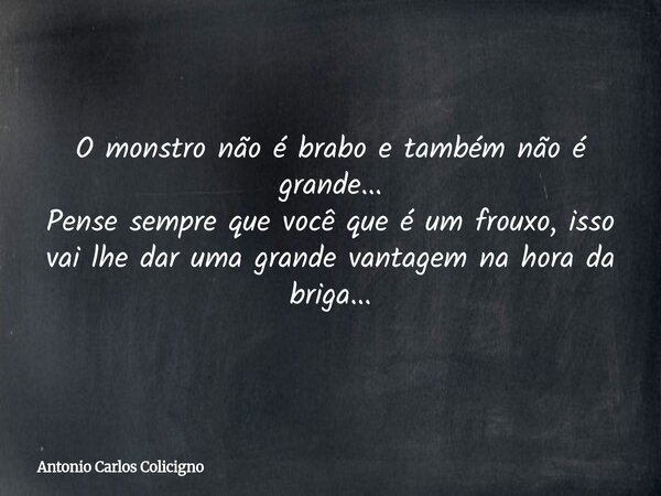 O monstro não é brabo e também não é grande... Pense sempre que você que é um frouxo, isso vai lhe dar uma grande vantagem na hora da briga...... Frase de Antonio Carlos Colicigno.