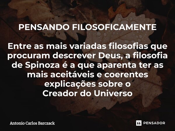 PENSANDO FILOSOFICAMENTE ⁠Entre as mais variadas filosofias que procuram descrever Deus, a filosofia de Spinoza é a que aparenta ter as mais aceitáveis e coeren... Frase de Antonio Carlos Barczack.