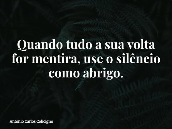 Quando tudo a sua volta for mentira, use o silêncio como abrigo.... Frase de Antonio Carlos Colicigno.
