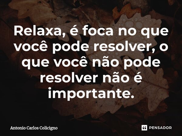 ⁠Relaxa, é foca no que você pode resolver, o que você não pode resolver não é importante.... Frase de Antonio Carlos Colicigno.