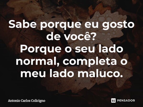⁠Sabe porque eu gosto de você? Porque o seu lado normal, completa o meu lado maluco.... Frase de Antonio Carlos Colicigno.