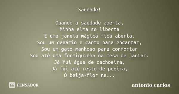 Saudade! Quando a saudade aperta, Minha alma se liberta E uma janela mágica fica aberta. Sou um canário e canto para encantar, Sou um gato manhoso para conforta... Frase de Antonio Carlos.