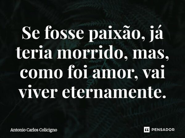 ⁠Se fosse paixão, já teria morrido, mas, como foi amor, vai viver eternamente.... Frase de Antonio Carlos Colicigno.