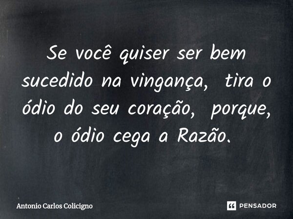 Se você quiser ser bem sucedido na vingança, tira o ódio do seu coração, porque, o ódio cega a Razão. ⁠... Frase de Antonio Carlos Colicigno.