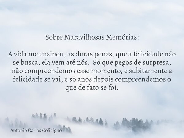 Sobre Maravilhosas Memórias: A vida me ensinou, as duras penas, que a felicidade não se busca, ela vem até nós. Só que pegos de surpresa, não compreendemos esse... Frase de Antonio Carlos Colicigno.