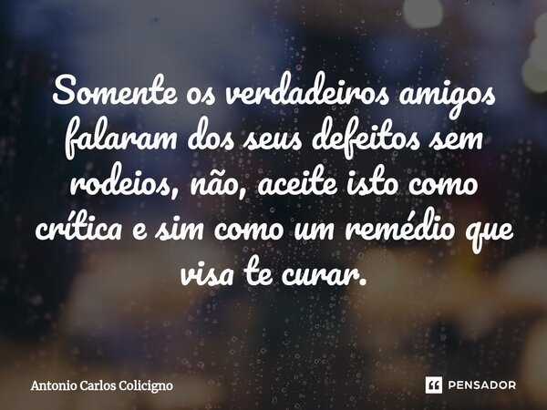 ⁠Somente os verdadeiros amigos falaram dos seus defeitos sem rodeios, não, aceite isto como crítica e sim como um remédio que visa te curar.... Frase de Antonio Carlos Colicigno.