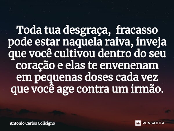 ⁠Toda tua desgraça, fracasso pode estar naquela raiva, inveja que você cultivou dentro do seu coração e elas te envenenam em pequenas doses cada vez que você ag... Frase de Antonio Carlos Colicigno.