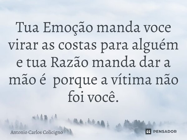 ⁠Tua Emoção manda voce virar as costas para alguém e tua Razão manda dar a mão é porque a vítima não foi você.... Frase de Antonio Carlos Colicigno.