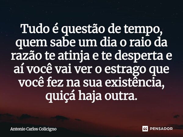 ⁠Tudo é questão de tempo, quem sabe um dia o raio da razão te atinja e te desperta e aí você vai ver o estrago que você fez na sua existência, quiçá haja outra.... Frase de Antonio Carlos Colicigno.