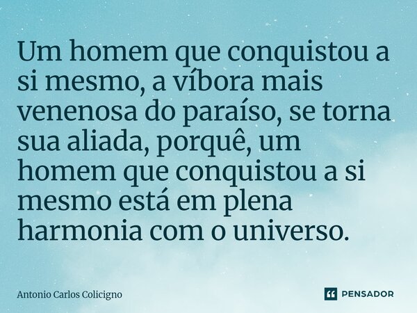 Um homem que conquistou a si mesmo, a víbora mais venenosa do paraíso, se torna sua aliada, porquê, um homem que conquistou a si mesmo está em plena harmonia co... Frase de Antonio Carlos Colicigno.