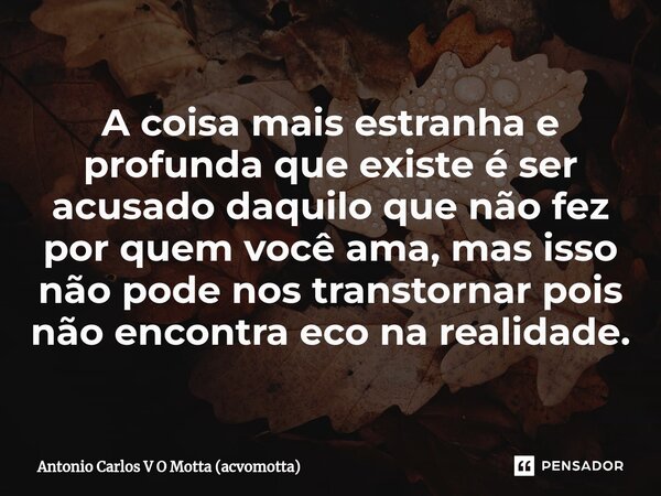 ⁠A coisa mais estranha e profunda que existe é ser acusado daquilo que não fez por quem você ama, mas isso não pode nos transtornar pois não encontra eco na rea... Frase de Antonio Carlos V O Motta (acvomotta).