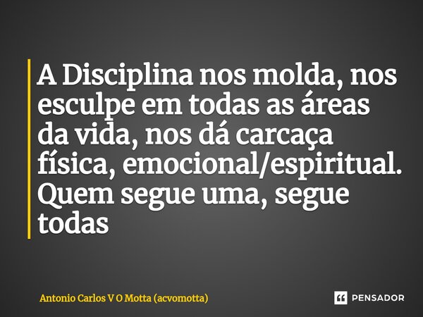 ⁠A Disciplina nos molda, nos esculpe em todas as áreas da vida, nos dá carcaça física, emocional/espiritual. Quem segue uma, segue todas... Frase de Antonio Carlos V O Motta (acvomotta).