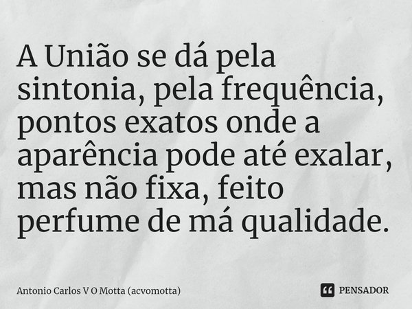 ⁠A União se dá pela sintonia, pela frequência, pontos exatos onde a aparência pode até exalar, mas não fixa, feito perfume de má qualidade.... Frase de Antonio Carlos V O Motta (acvomotta).