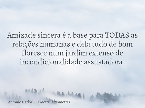 Amizade sincera é a base para TODAS as relações humanas e dela tudo de bom floresce num jardim extenso de incondicionalidade assustadora.... Frase de Antonio Carlos V O Motta (acvomotta).