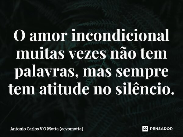 ⁠O amor incondicional muitas vezes não tem palavras, mas sempre tem atitude no silêncio.... Frase de Antonio Carlos V O Motta (acvomotta).