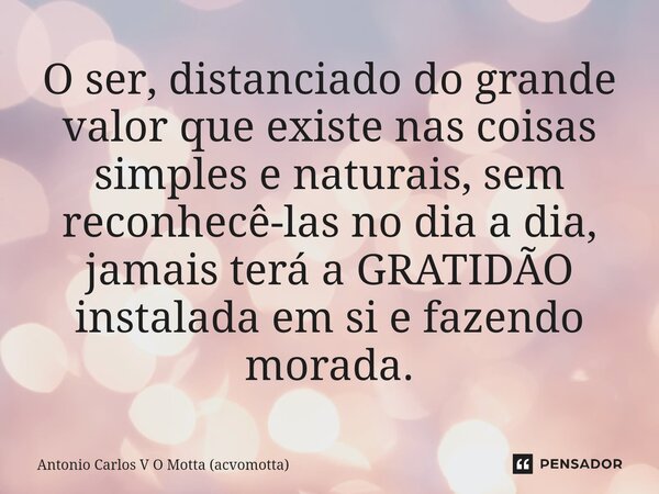 ⁠O ser, distanciado do grande valor que existe nas coisas simples e naturais, sem reconhecê-las no dia a dia, jamais terá a GRATIDÃO instalada em si e fazendo m... Frase de Antonio Carlos V O Motta (acvomotta).