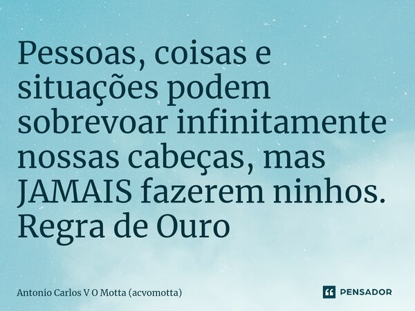 ⁠Pessoas, coisas e situações podem sobrevoar infinitamente nossas cabeças, mas JAMAIS fazerem ninhos. Regra de Ouro... Frase de Antonio Carlos V O Motta (acvomotta).
