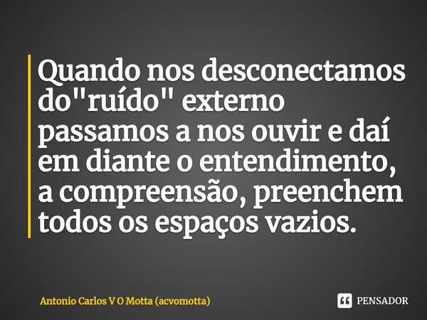 ⁠Quando nos desconectamos do "ruído" externo passamos a nos ouvir e daí em diante o entendimento, a compreensão, preenchem todos os espaços vazios.... Frase de Antonio Carlos V O Motta (acvomotta).