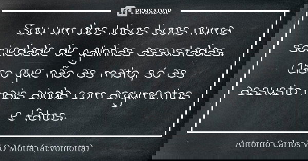 Sou um dos lobos bons numa sociedade de galinhas assustadas. Claro que não as mato, só as assusto mais ainda com argumentos e fatos.... Frase de Antonio Carlos V O Motta (acvomotta).
