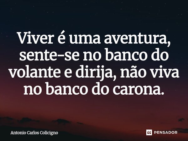 Viver é uma aventura, sente-se no banco do volante e dirija, não viva no banco do carona.⁠... Frase de Antonio Carlos Colicigno.
