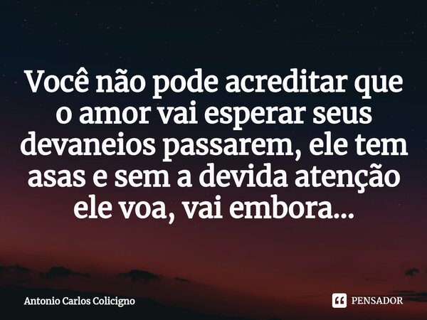 ⁠Você não pode acreditar que o amor vai esperar seus devaneios passarem, ele tem asas e sem a devida atenção ele voa, vai embora...... Frase de Antonio Carlos Colicigno.