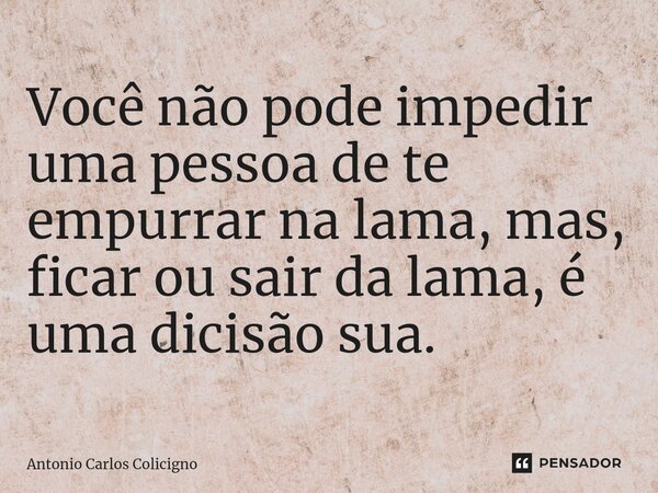 ⁠Você não pode impedir uma pessoa de te empurrar na lama, mas, ficar ou sair da lama, é uma dicisão sua.... Frase de Antonio Carlos Colicigno.