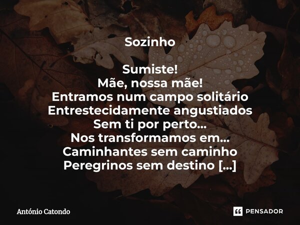 ⁠⁠Sozinho Sumiste! Mãe, nossa mãe! Entramos num campo solitário Entrestecidamente angustiados Sem ti por perto... Nos transformamos em... Caminhantes sem caminh... Frase de António Catondo.