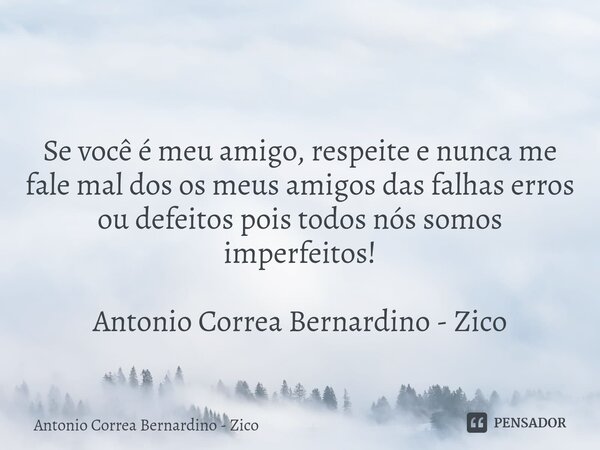 ⁠ Se você é meu amigo, respeite e nunca me fale mal dos os meus amigos das falhas erros ou defeitos pois todos nós somos imperfeitos! Antonio Correa Bernardino ... Frase de Antonio Correa Bernardino - Zico.