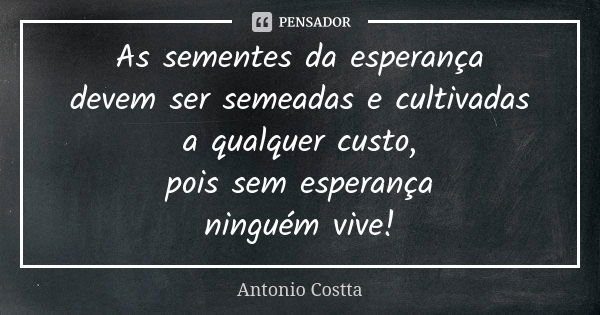 As sementes da esperança devem ser semeadas e cultivadas a qualquer custo, pois sem esperança ninguém vive!... Frase de ANTONIO COSTTA.